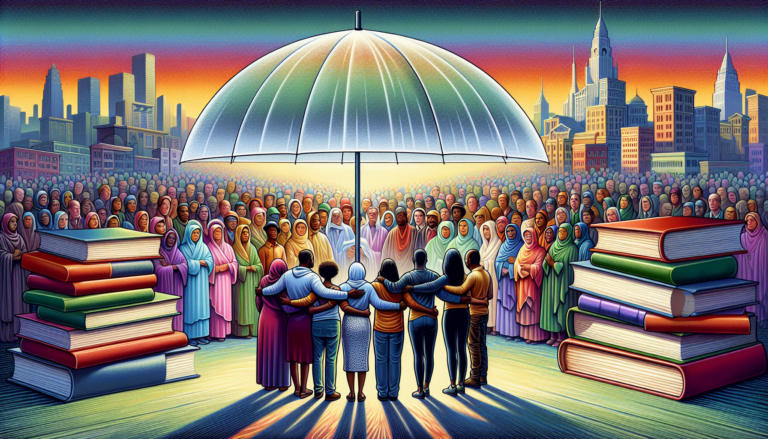 An artistic representation of a diverse group of people from various cultures standing under a large, translucent umbrella in the midst of a gentle, symbolic rain, surrounded by famous literary books