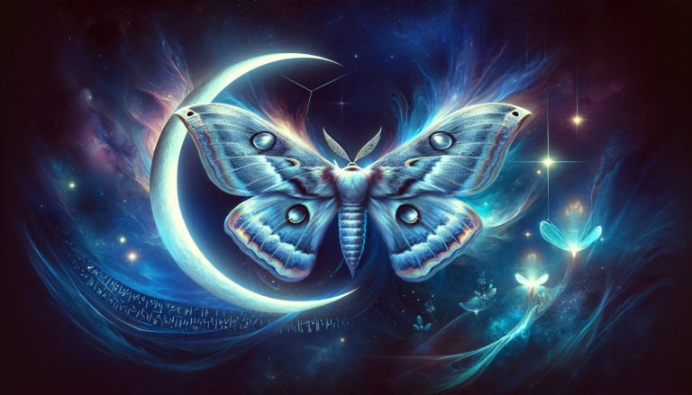 Create a surreal image of a giant lunar moth perched on a silvery crescent moon against a starry night sky, with ethereal beams of light shining from its translucent wings, surrounded by a scattering