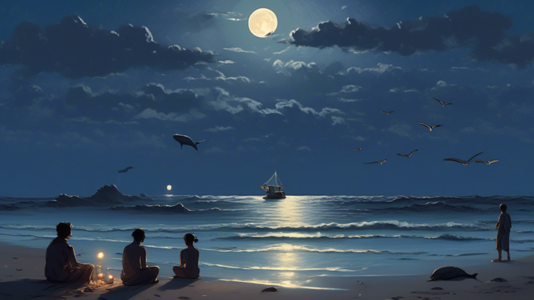 A serene ocean scene under a twilight sky, with gentle waves and a full moon reflecting on the water. A diverse group of people stand along the shore, each interacting with the sea in a different, sym