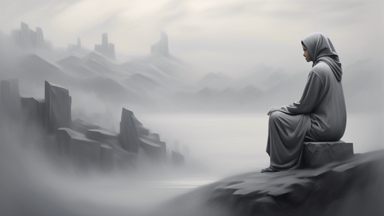 Create an image that captures the essence of grey's symbolism. Include a range of grey-toned elements, such as a misty landscape with a grey sky, a person in a contemplative pose wearing grey clothing