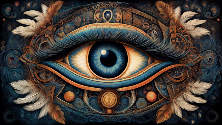 Create an intricate, surreal art piece featuring a mystical left eye at the center, surrounded by various ancient symbols and geometric patterns. The eye should radiate an ethereal glow, with elements