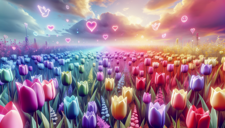 Create an image of a field of vibrant tulips in various colors, each color symbolizing different meanings such as love, happiness, and forgiveness. In the background, incorporate subtle, ethereal symb